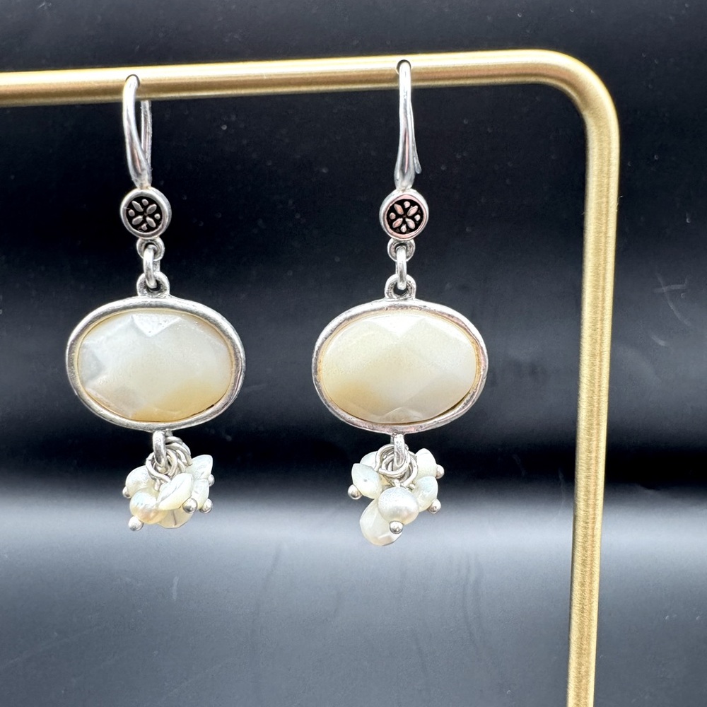 Silver tone Earrings with faceted moonstone and various mini-bead dangle bunch